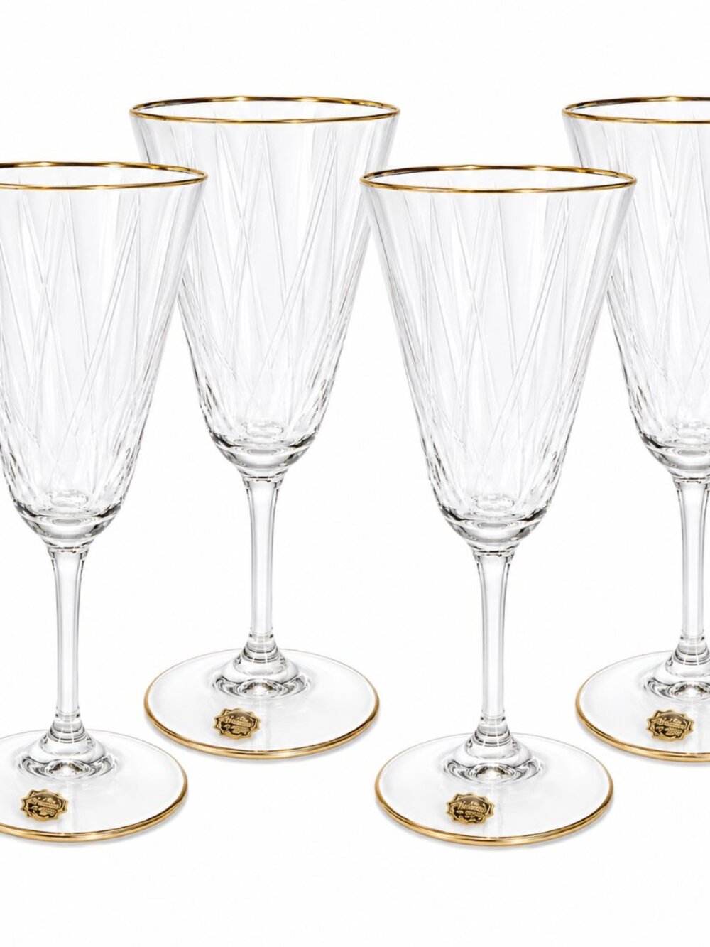 Set of 4 Gold-Trim Etched Crystal Wine Glasses
